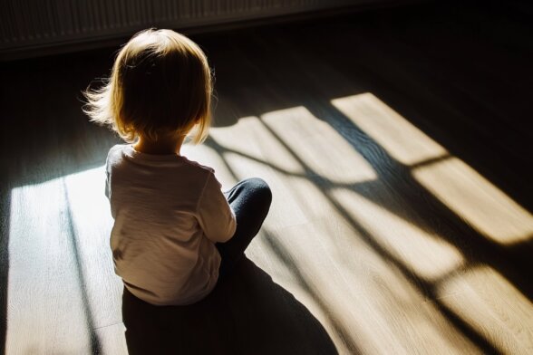 Ambulanz_Adobe_Stock_Kind_alleine_Rücken_sitzt am Boden_Traumazeichen_1255939041